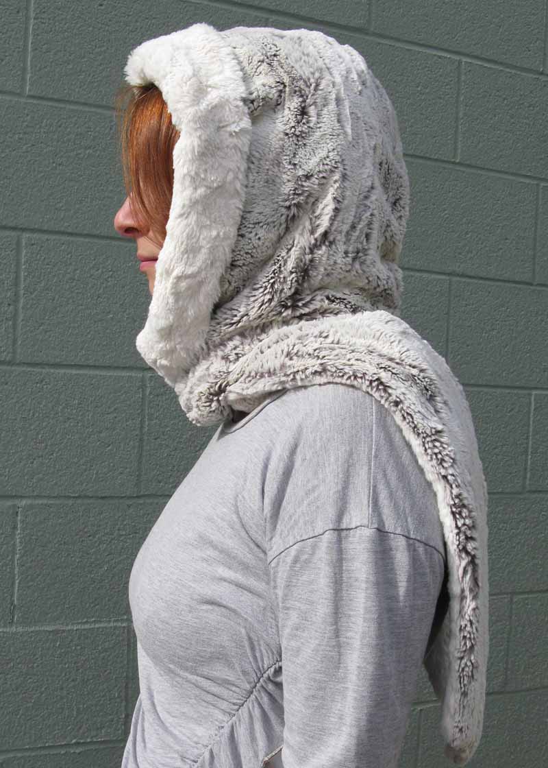 Faux Fur Hoody Scarf in Khaki and Ivory